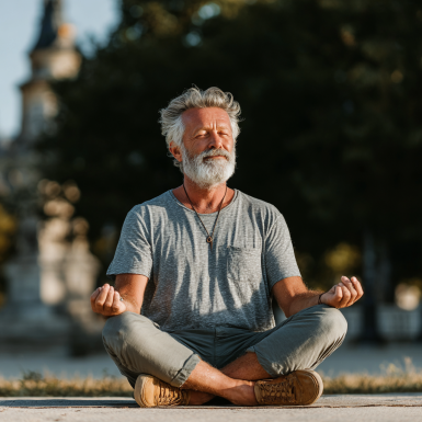 Літня жінка практикує йогу на природі