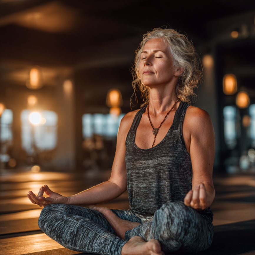 Група літніх людей практикує йогу в парку